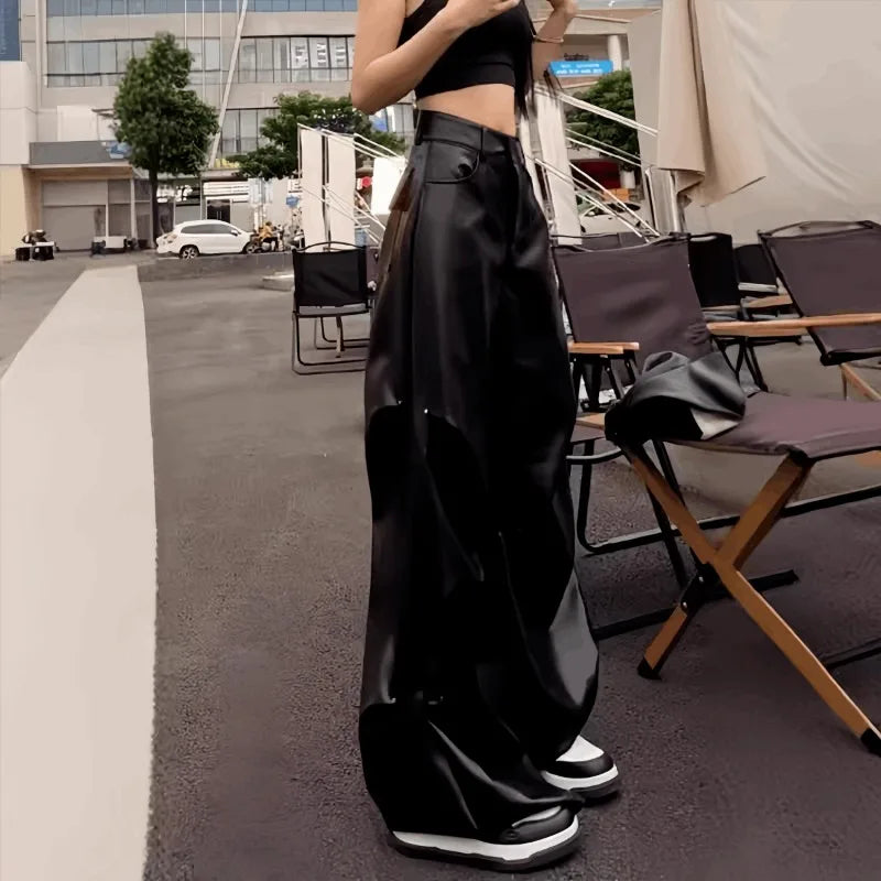 Fashionable Wide Leg Pants for Spring and Autumn Women's New High Waisted Straight Leg Loose Floor Length Casual Leather Pants