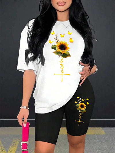 Sunflower Butterfly Beautiful Printing Women T Shirts Two Piece Set Fashion Short Sets Comfortable Breathable Shirt Shorts New