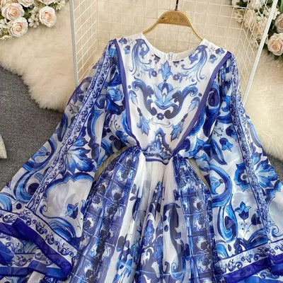 Women Clothing O Neck Flare Sleeve Large Swing Maxi Dress New Summer Bohemian Blue And White Porcelain Print Chiffon Vestidos