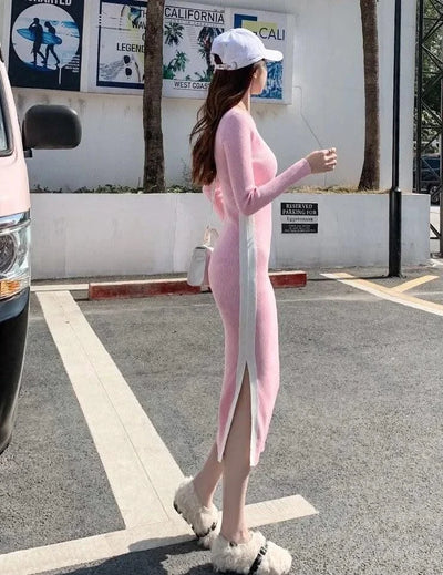 Pink Woman Dress Black Bodycon Maxi Knitted Robe Long Dresses for Women Evening Crochet Round Neck Clothes Sensual Sexy Hot Y2k