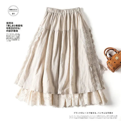 Vintage Chic Embroidery Linen Cotton Long Skirts Women Summer Elastic High Waist Pleated Maxi Skirt Female Elegant A-Line Skirt