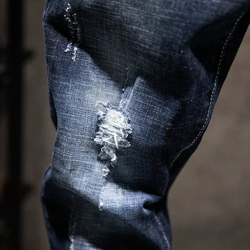 2025 New Ripped Jeans Men Slim-fit Denim Pants Cotton Korean Style Fashion Elasticity Versatile Blue Black Men's Clothing - Elanique