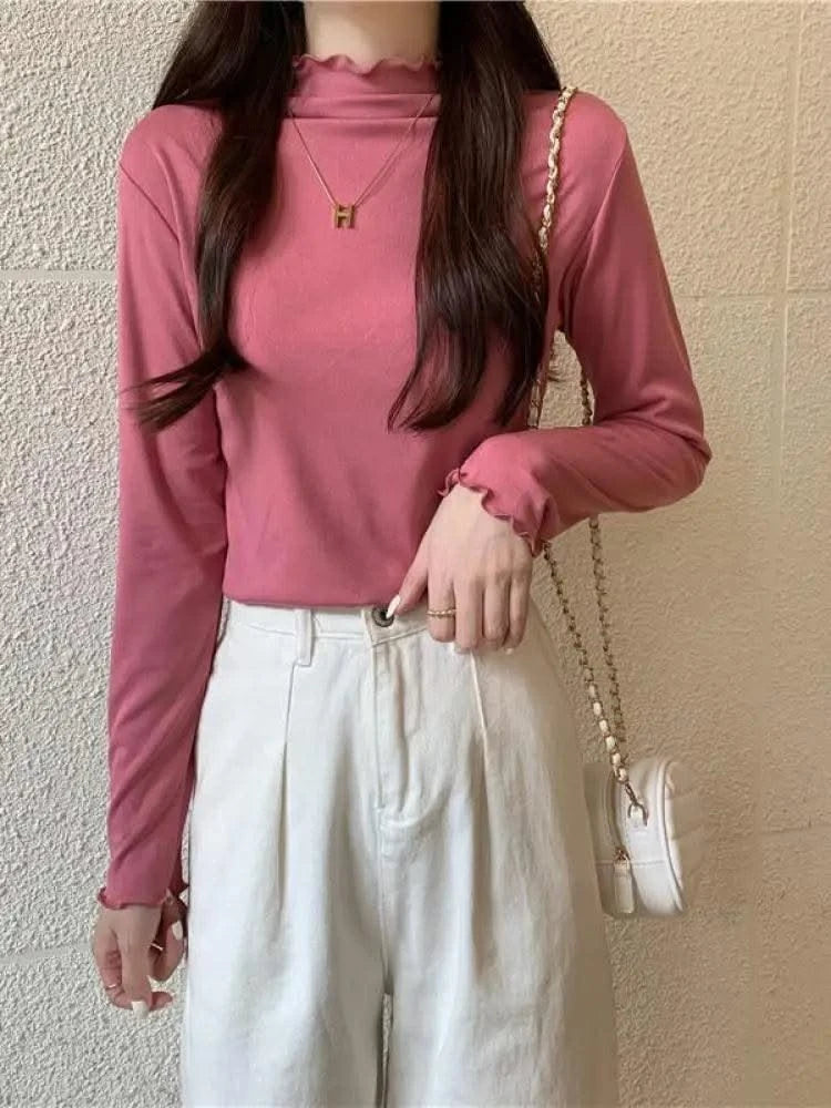 Skinny High Elastic Mock Neck Pullover Long Sleeve T-shirts For Women