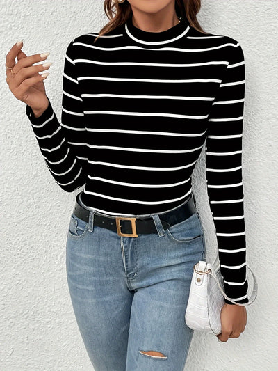 Women's Striped Crew Neck Crew Neck T shirt Casual Long Sleeve Autumn and winter top women's T-shirt loose and comfortable black