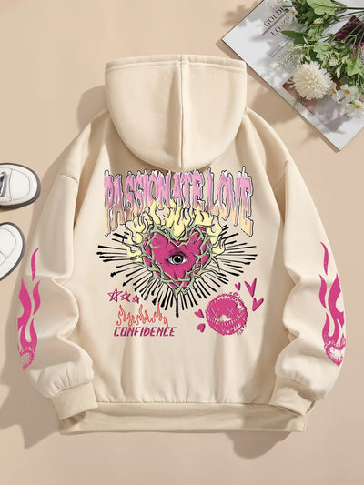 Street Women Sweatshirts Passionate Love Flame Heart Printed Hoodies Crewneck Loose Pullover Fleece Warm Female Tops Clothes
