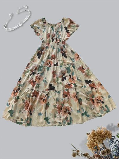 Women's Floral Summer Fashion Women's Print One-line Shoulder Dress Summer Beach Vacation Dress Causul Dress for Women