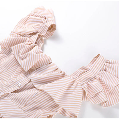 Ruffle Dress Women Fashion Backless A Line Slim Waist Striped Robe Female Flying Sleeves Buttons 2025 Summer Elegant Streetwear