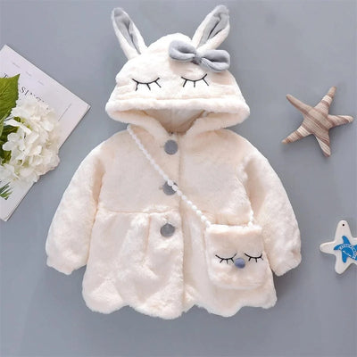 2pc/Set  Long Sleeve Cute Rabbit Hoodie Jacket Winter Plush Bow  | Baby Girl Clothes| Children 0-3years
