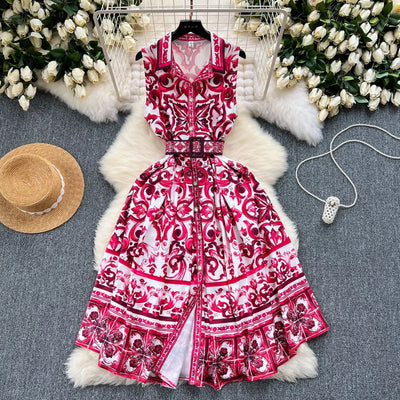 Summer Print Dress Women Sleeveless Elegant High Waist A-line Long Dresses for Women