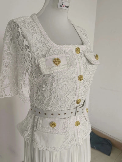 Luxury Evening Dress Women Summer Vacation Short Sleeve Pleated Lace Chiffon Long Dresses White Single Breasted Midi Party Robe