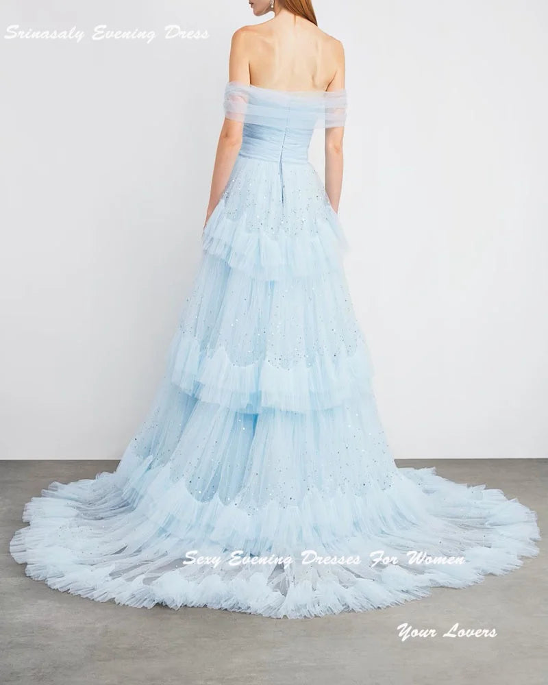 Customized Tiered Tulle Evening Dresses For Women Cocktail Party Gowns Off Shoulder فساتين سهرة Sequin Formal Dress