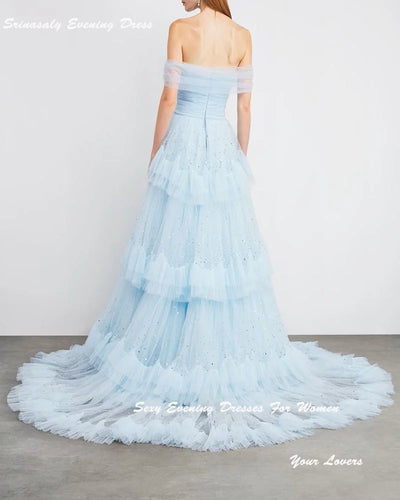 Customized Tiered Tulle Evening Dresses For Women Cocktail Party Gowns Off Shoulder فساتين سهرة Sequin Formal Dress