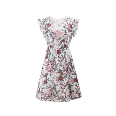 Summer Floral Print Dress For Women New Sleeveless Round Neck Dress Ruffled Short Sleeve Chiffon Print Short Dress For Women
