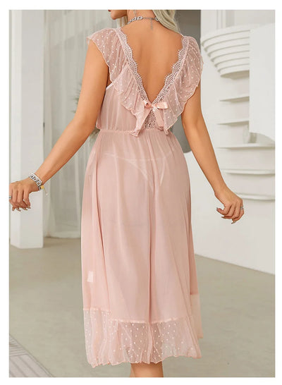 Women's Sexy Lingerie Nightgown Semi Sheer Babydoll Sleepwear Dress With Polka Dots Bow Knot Decor Summer Mesh V-Neck Loungewear