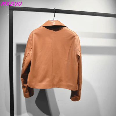 Women's Sheepskin Short Tops Harajuku Fashion Jassen Dames Slim Jaqueta De Couro Legítimo Square Collar Trendy Streetwear Coat