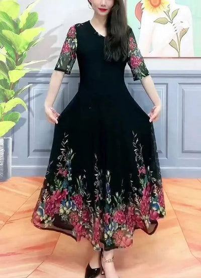 Women's Clothing Stylish Floral Printed Long Dress Summer Short Sleeve Casual Gauze Spliced Elegant V-Neck A-Line Waist Dresses