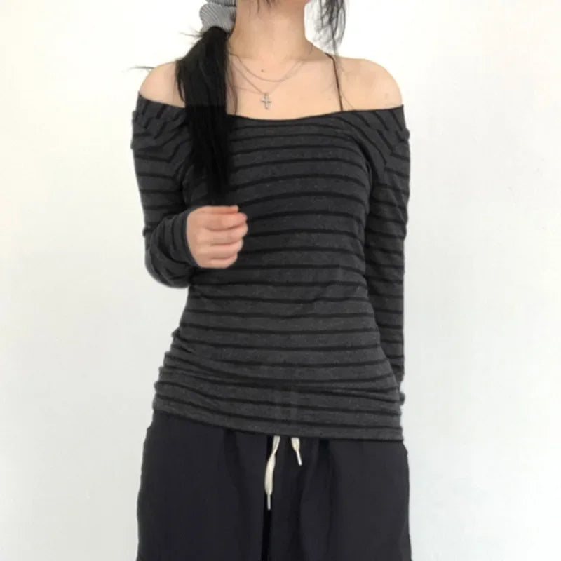 Sexy Slash Neck Knitted Smock Women Vintage Slim Thin Long Sleeve All-match Femme Clothing Aesthetic Streetwear Tops