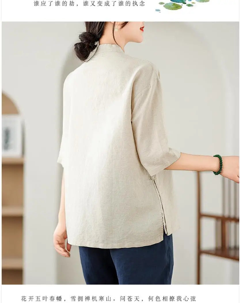 New Women's Retro Cotton Linen Short-sleeved Shirt with Diagonal Placket and Stand-up Collar Tea Top