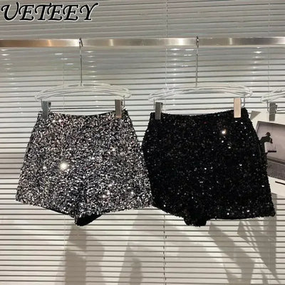 2025 New Summer Spring New Full Sequined Shiny Casual Shorts Heavy Zipper Nightclub Socialite Short Shorts Hot Pants for Women - Elanique