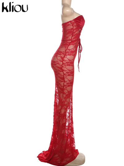 kliou Lace Patchwork Women Maxi Dress Sexy Coquette Drawstring Wrapped Chest Body-shaping Vestidos Female Stunning Clubwear Robe