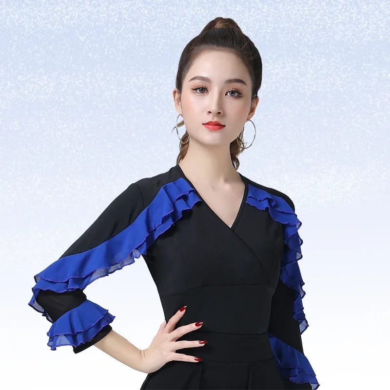 Women Dance Wear Latin V Neck Tops Line Dance Costume New Product Long Sleeve Ballroom Waltz Professional Competition Samba Tops