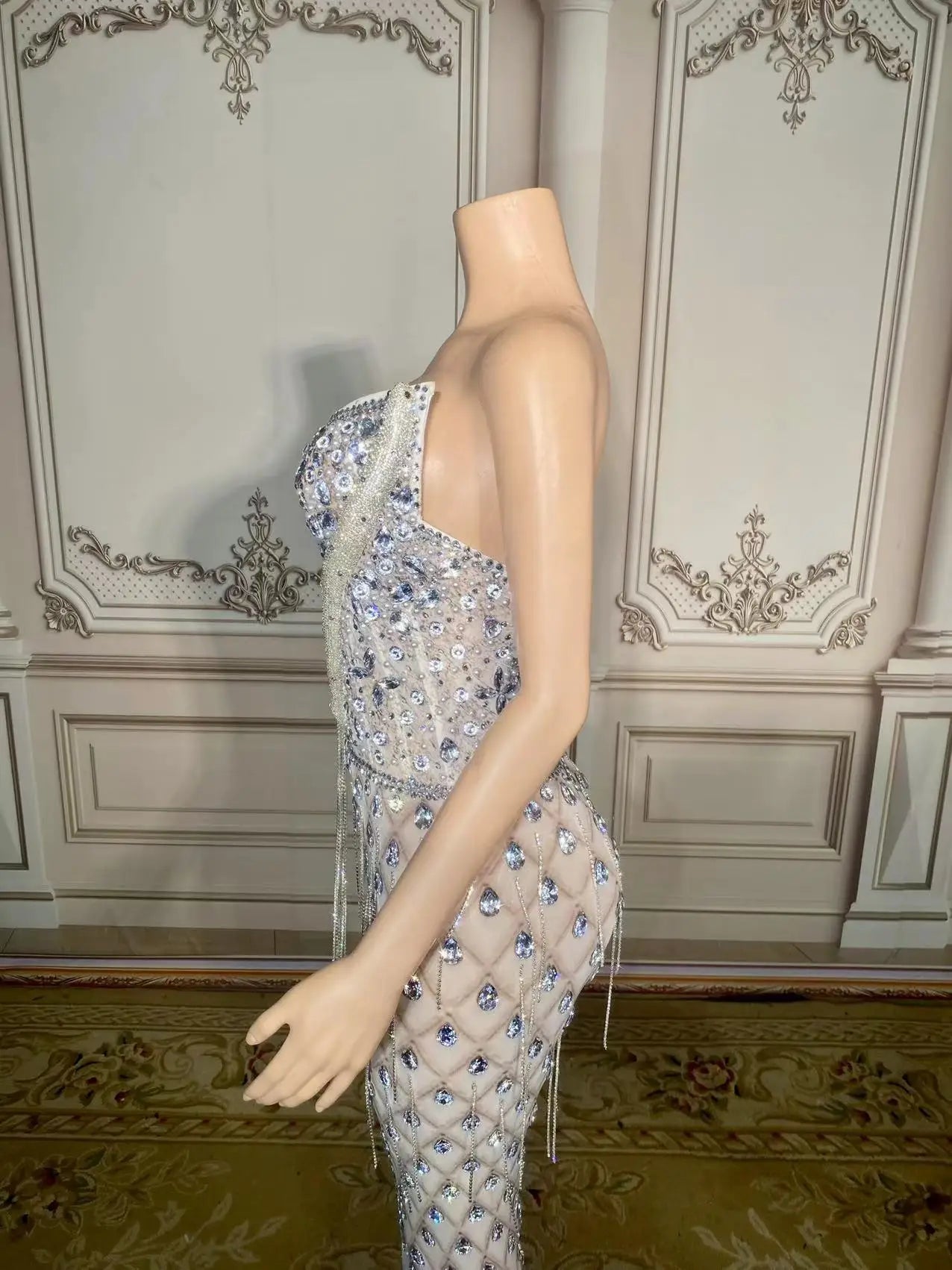 New Sparkly Rhinestones Pearls Floor-length Feathers Dress Women Birthday Celebrate Wedding Evening Prom Dress Photo Shoot Wear