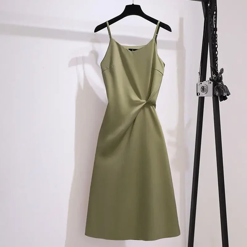 Slip Sundress Midi Green Dresses for Women 2024 Woman Dress Black Clothes Trendy Aesthetic Sensual Sexy One-piece X Retro Cotton