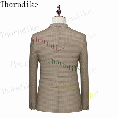 Thorndike Hot Sell Khaki Plaid Custom Made Classic Groom Tuxedo Groomsmen Best Man Suit Wedding Men's Blazer+Vest+Pants Costume