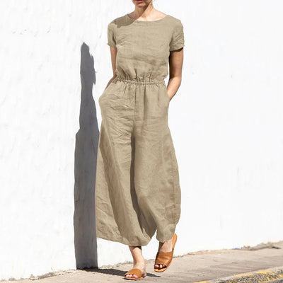 2025 Summer Short Sleeve Rompers Casual Loose Tighten Waist Solid Work Long Playsuit Elegant Women Jumpsuits Retro Overalls