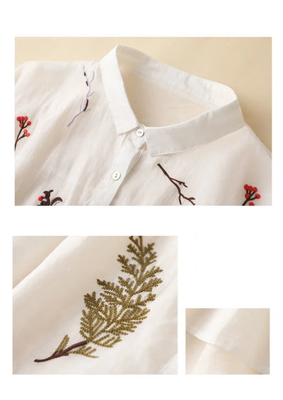 Summer Seven Point Cotton Linen Embroidered Shirt for Women 2024 New Literary Loose Temperament Lapel Casual Top for Women