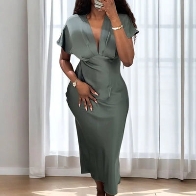 Women's Summer Dress 2025 New Elegant Fashion Slim V-neck Stain Long Dress Women Chic Comfortable Casual Dresses