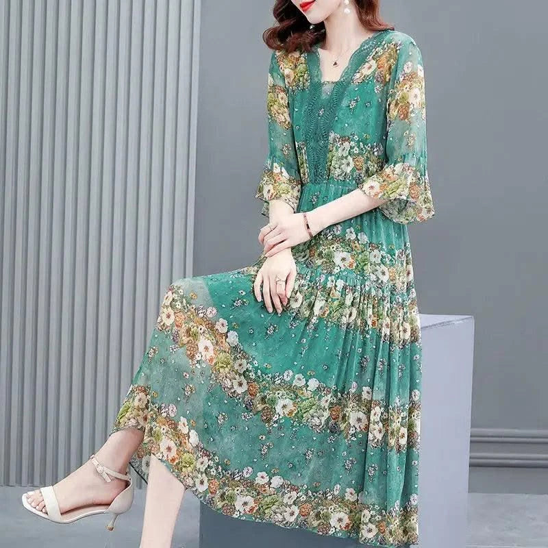 Women's floral print summer dress, new long dress for luxury middle-aged women