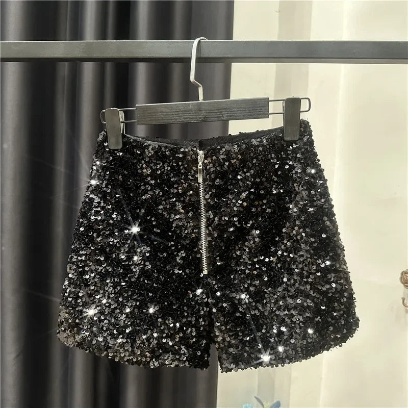 2025 New Summer Spring New Full Sequined Shiny Casual Shorts Heavy Zipper Nightclub Socialite Short Shorts Hot Pants for Women - Elanique