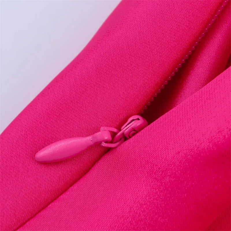 Women's Dress New Summer 2025 Rose Red Silk Satin Textured Sleeveless Midi Dress Asymmetrical Design Elegant temperament
