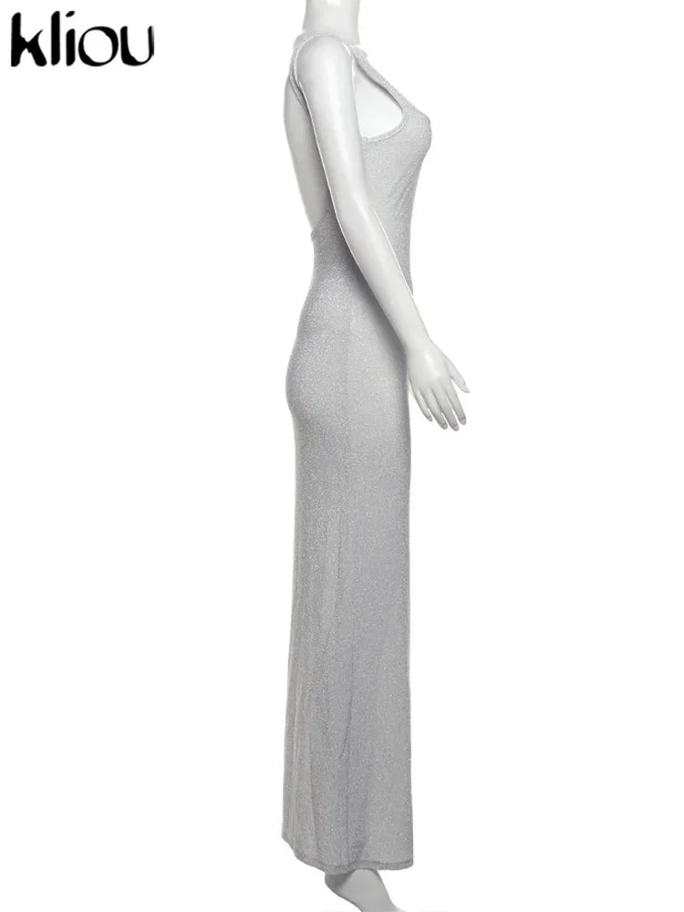 kliou Sequins Women Maxi Dress Stunning Shiny Elegant Sleeveless Backless Sheath Vestidos Mujer Elegant Fashion Evening Bodycon