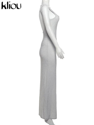kliou Sequins Women Maxi Dress Stunning Shiny Elegant Sleeveless Backless Sheath Vestidos Mujer Elegant Fashion Evening Bodycon