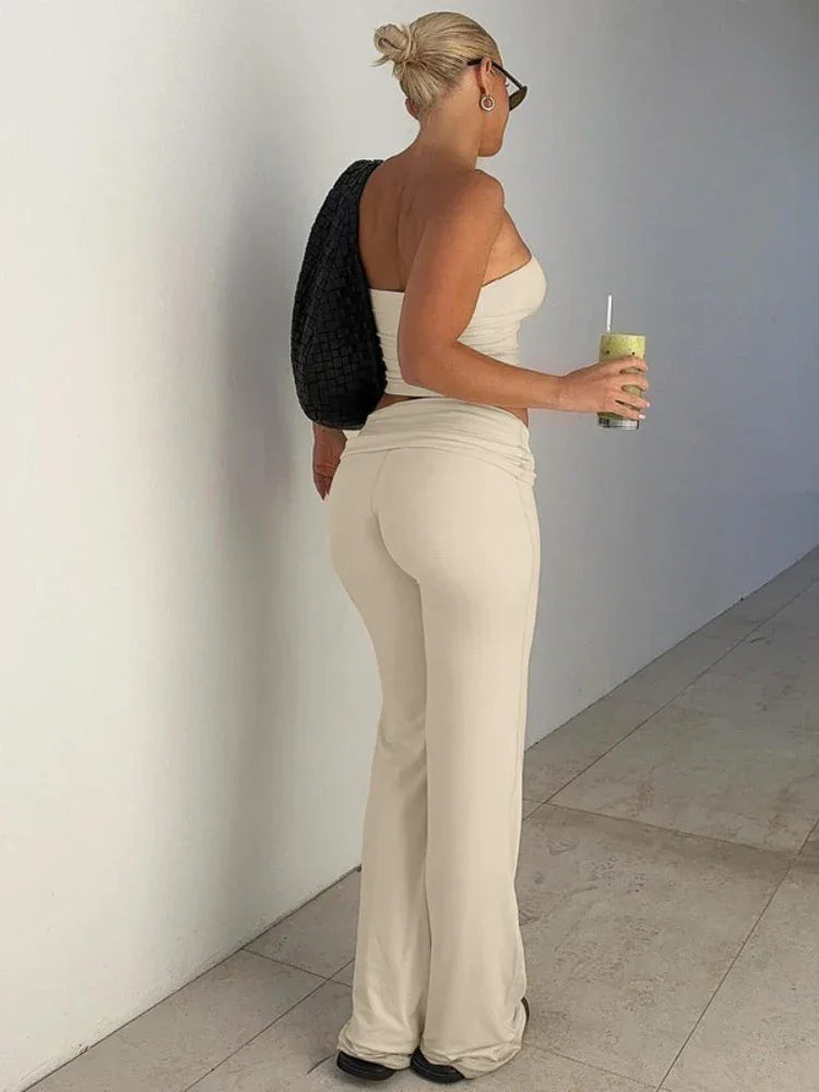 Women's Clothing 2025 Spring Fashion New Item Solid Color Strapless Top Flared Pants Fashionable Slim Fit Sports Suit for Women