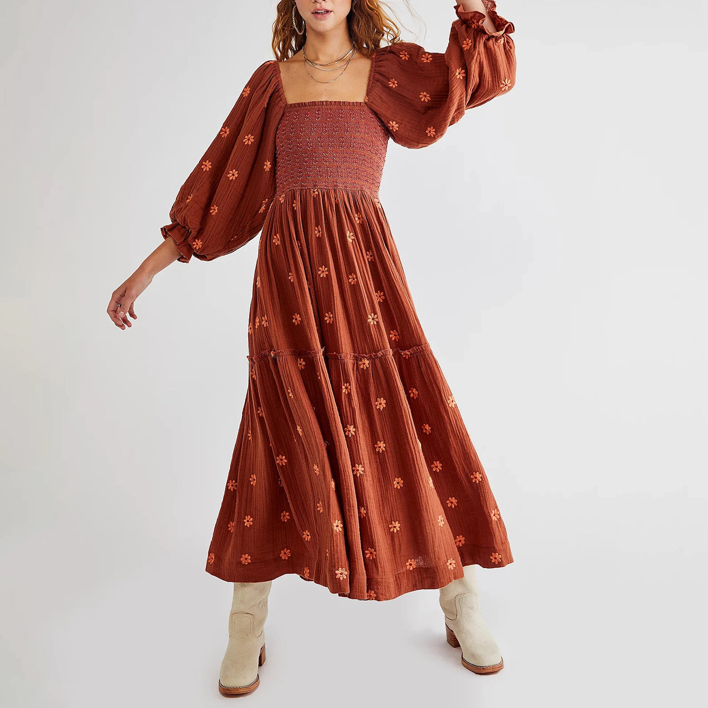 Women Summer Casual Long Dress 3D Embroidered Flowers Square Neck Puff Sleeve Dress Fashion Backless A-line Dress