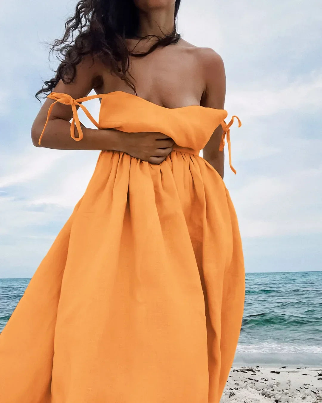 Cotton Linen Solid Color Spaghetti Strap Dresses Women Fashion Leace-up V-neck Backless Beach Vacation Long Dress Female New