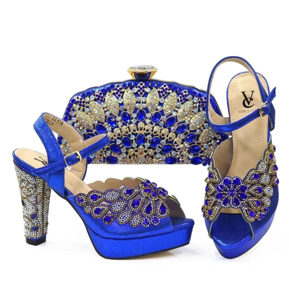 Embroidery Italian Design Pointed-Toe High-heeled Shoes and Bags Set for Women
