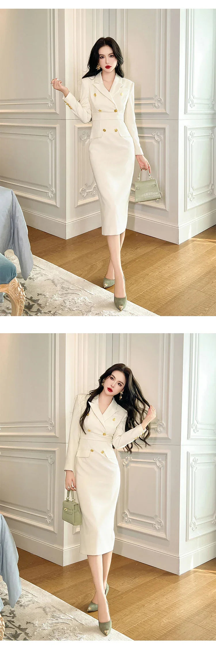 Fashion Elegant Midi Dress Women's Professional Business Style Long Sleeve Double Breasted Slit Robe Office Lady Work Vestidos