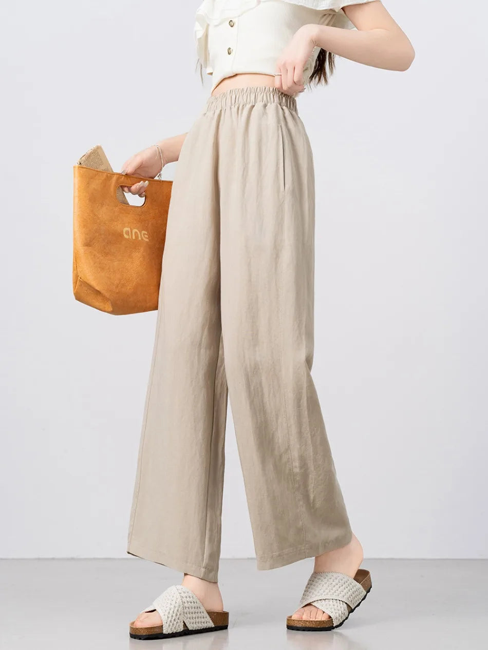 New Wide-leg Pants Women Clothing Summer Thin Loose Straight Casual Pants Solid High Waist Drape Nine-point Literary Pants