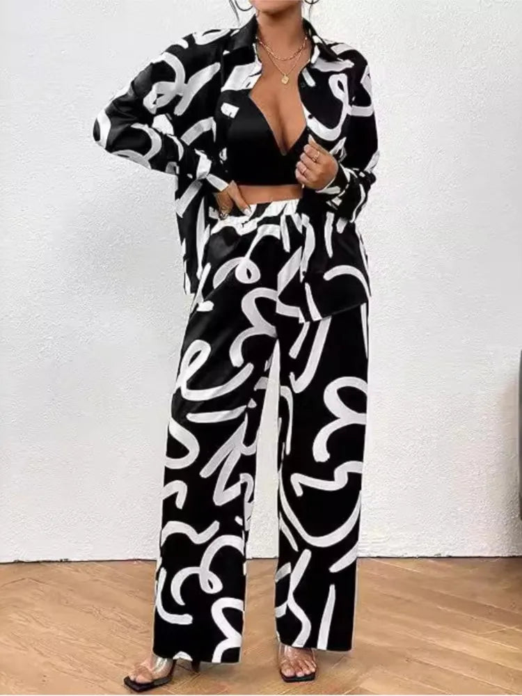 Women Clothing 2024 Autumn New Fashion Print Set Casual Button Collar Shirt Long Sleeved Wide Leg Pants Long Pants Two-piece Set