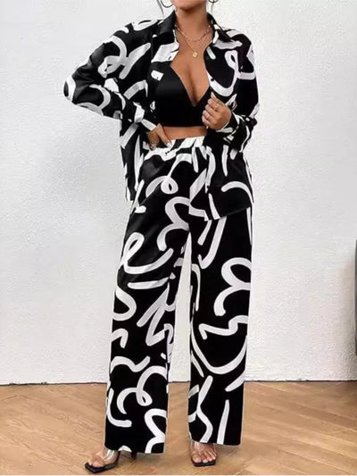 Women Clothing 2024 Autumn New Fashion Print Set Casual Button Collar Shirt Long Sleeved Wide Leg Pants Long Pants Two-piece Set