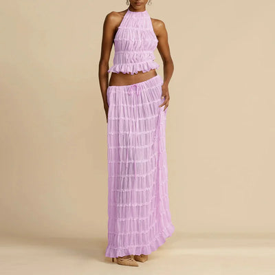 2025 Women Summer Loungewear Suits, Halter Short Top Maxi Skirts 2PCS Matching Sets, White Color Fashion Backless Ladies Outfit