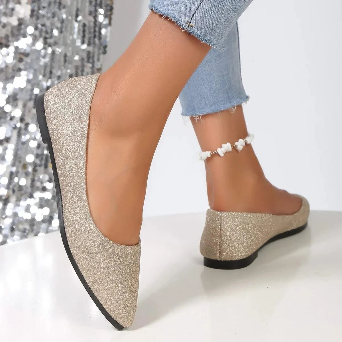 Glittery Slip on Loafers | Breathable Pointed Toe Boat Shoes | Shallow Flats Women Plus Size 43