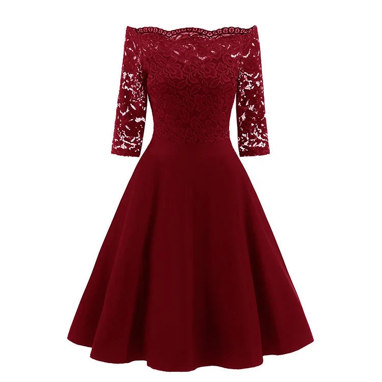 Women Elegant Wedding Bridesmaid Dinner Dress Sexy Lace Off Shoulder Party Dresses Solid Color Half Sleeve Evening Gown Vestido