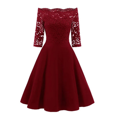 Women Elegant Wedding Bridesmaid Dinner Dress Sexy Lace Off Shoulder Party Dresses Solid Color Half Sleeve Evening Gown Vestido