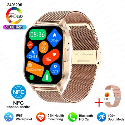 Women Smartwatch 2.01inch AMOLED Screen Bluetooth Call  NFC Sport Watch Blood Pressure Music Women Smart Watch for Huawei Xiaomi