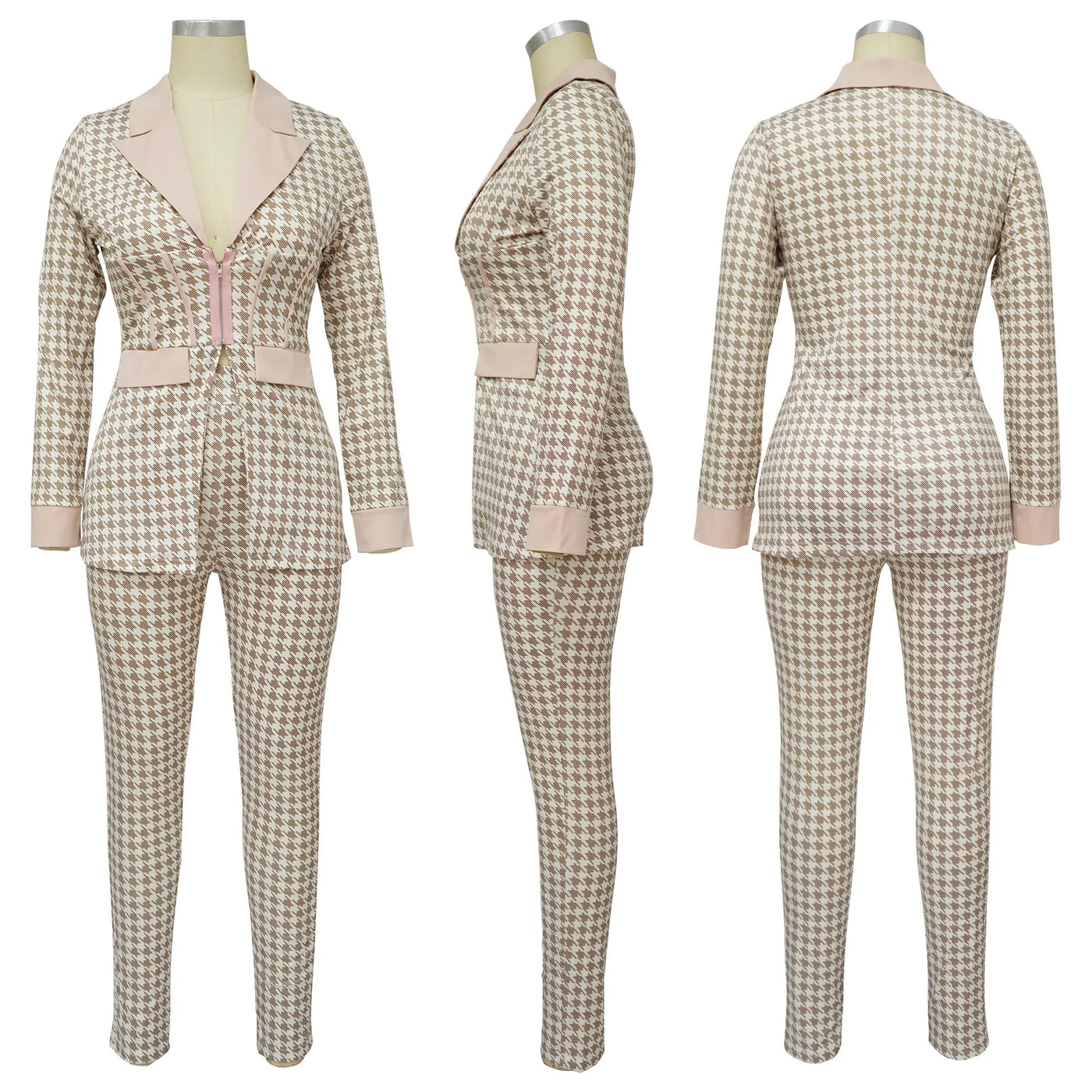 Women Two Piece Sets Outfits Elegant Tweed Slim Long Trousers Short Coat Tops Lady Clothes Formal Business Office Work Suits